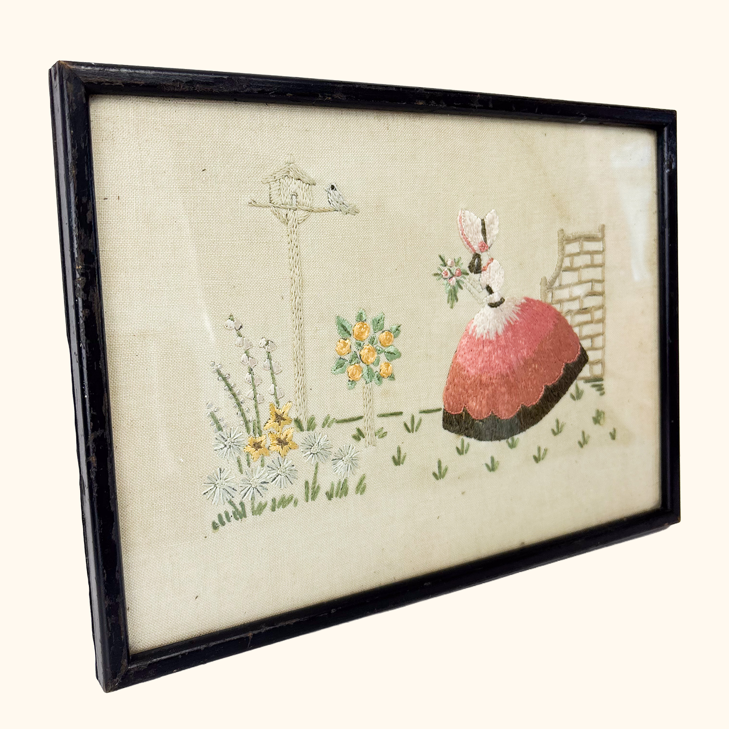 Crinoline Lady Framed Embroidery Cottage Garden Sunshine Thrift