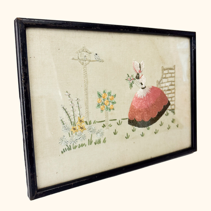 Crinoline Lady Framed Embroidery Cottage Garden Sunshine Thrift