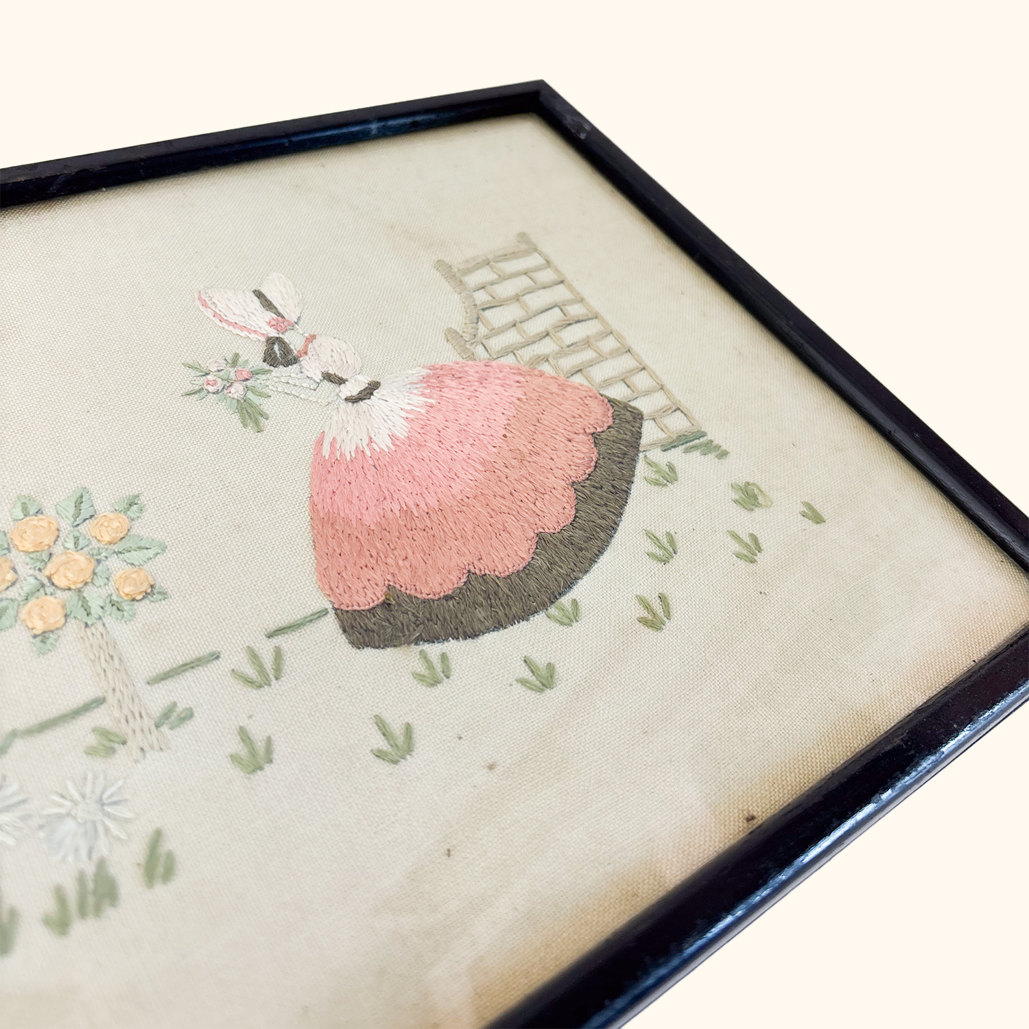 Crinoline Lady Framed Embroidery Cottage Garden Sunshine Thrift