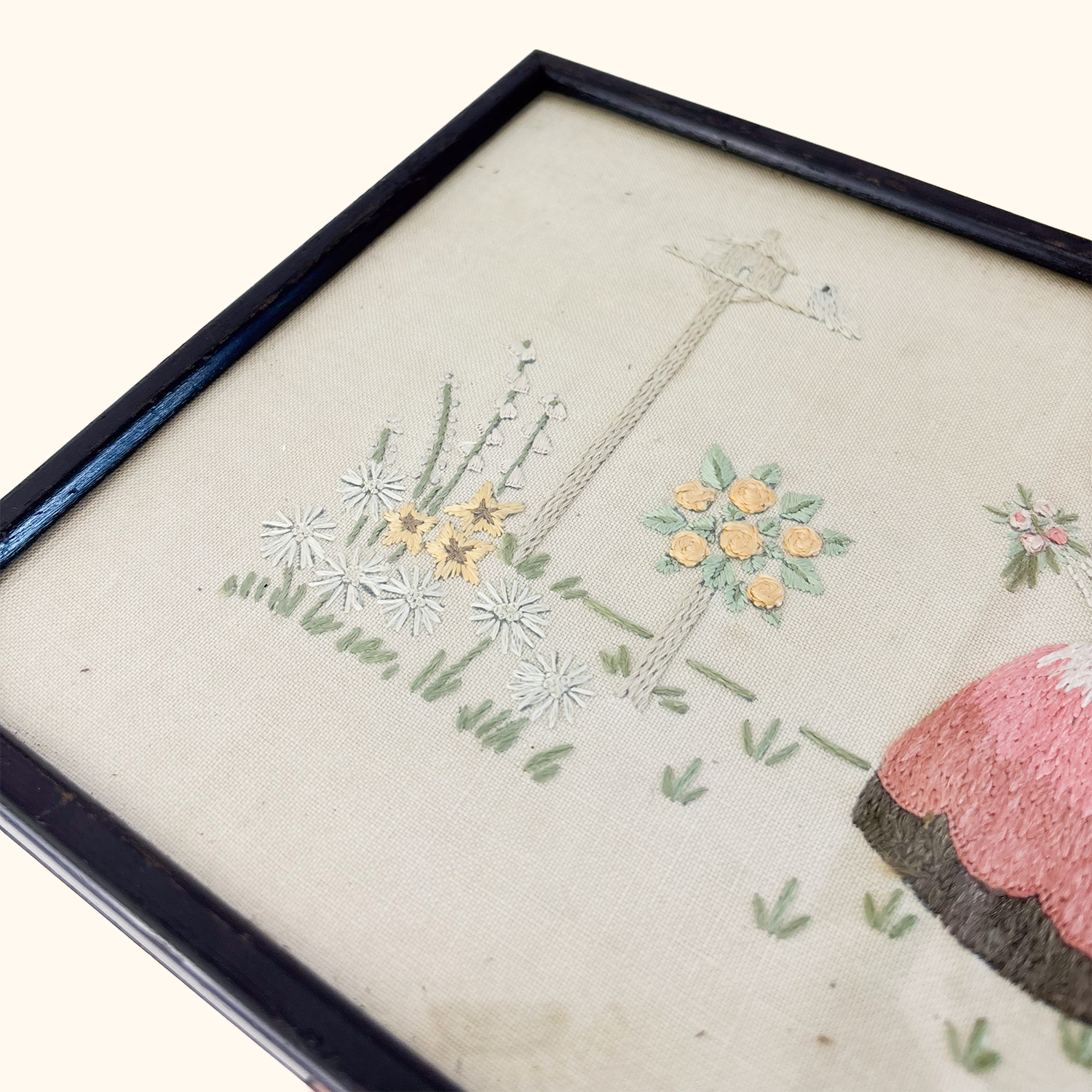 Crinoline Lady Framed Embroidery Cottage Garden Sunshine Thrift