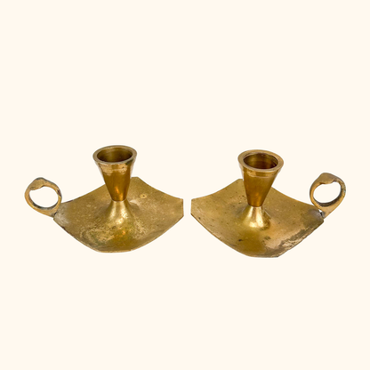 Solid Brass Finger Loop Candlestick Holder Drip Plate - Set of 2 Sunshine Thrift