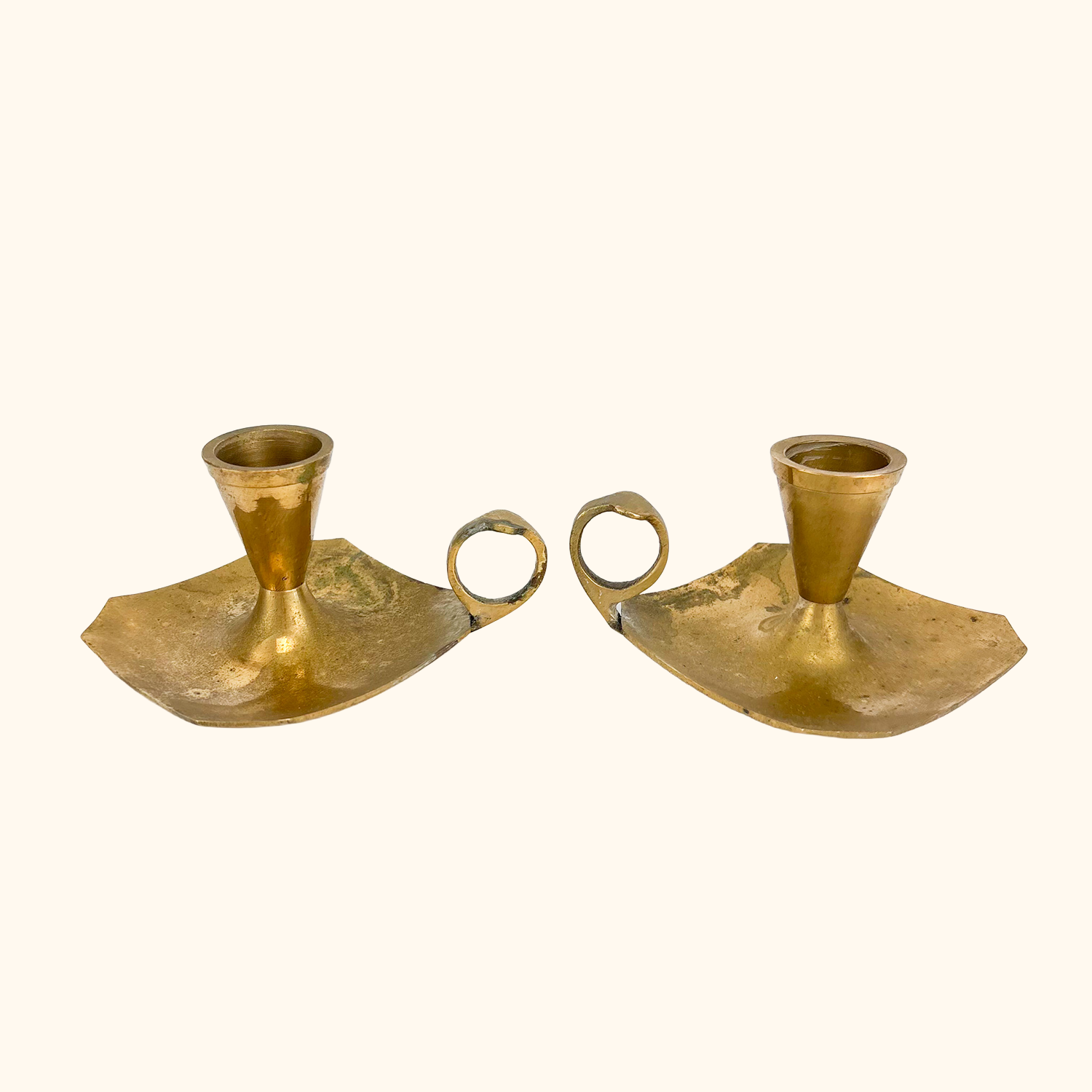 Solid Brass Finger Loop Candlestick Holder Drip Plate - Set of 2 Sunshine Thrift