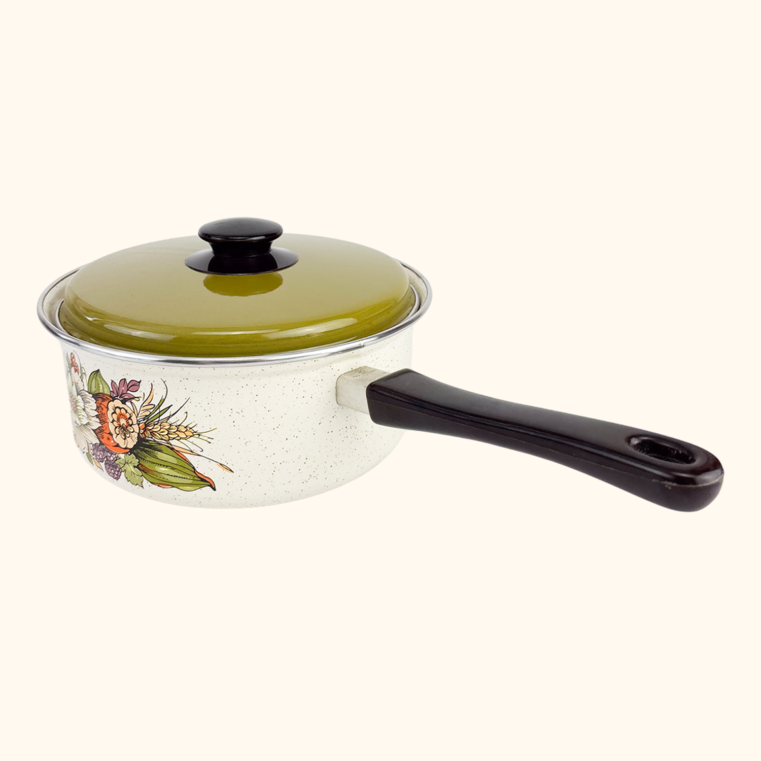 Vintage 1980s Green Enamel Pan with Lid Fruit Vegetable Sunshine Thrift