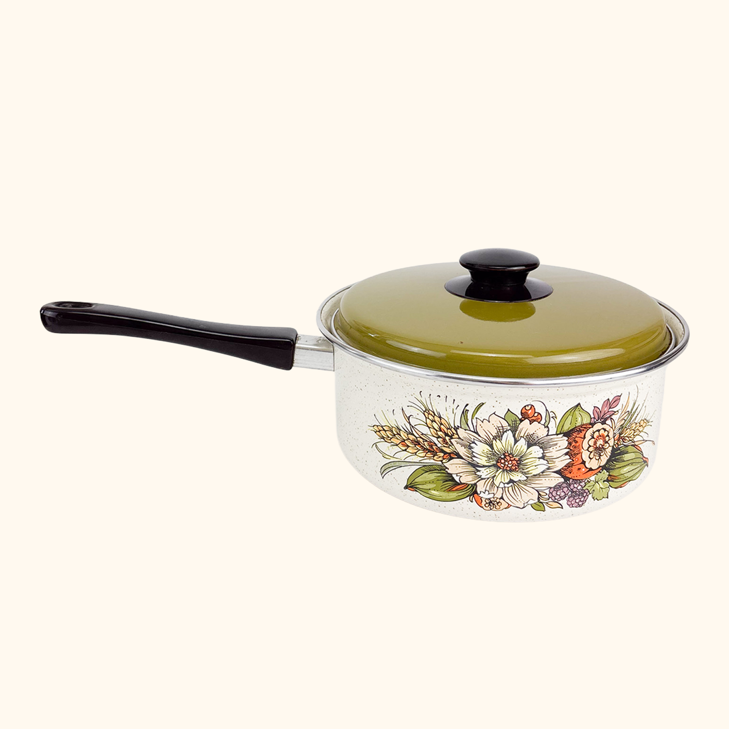 Vintage 1980s Green Enamel Pan with Lid Fruit Vegetable Sunshine Thrift
