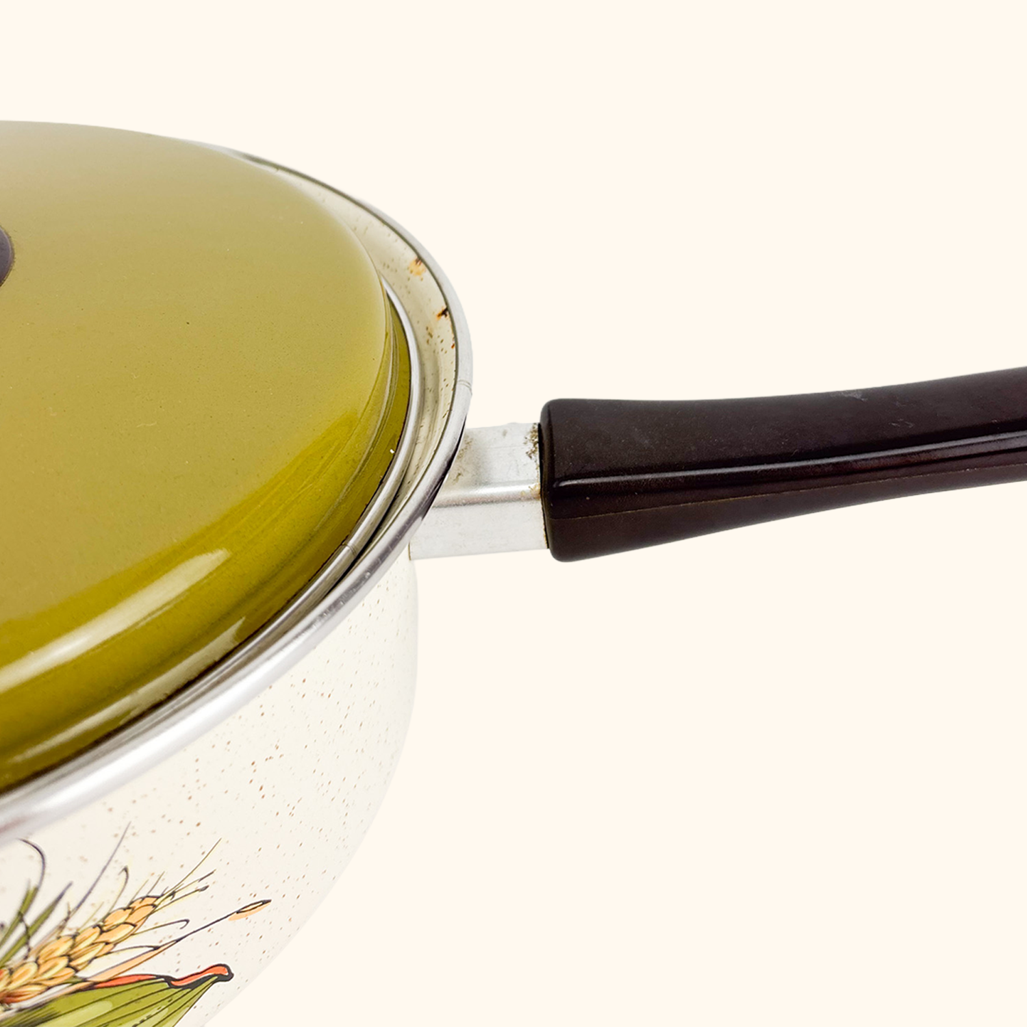 Vintage 1980s Green Enamel Pan with Lid Fruit Vegetable Sunshine Thrift