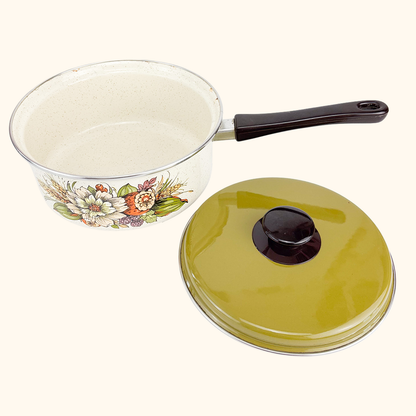 Vintage 1980s Green Enamel Pan with Lid Fruit Vegetable Sunshine Thrift