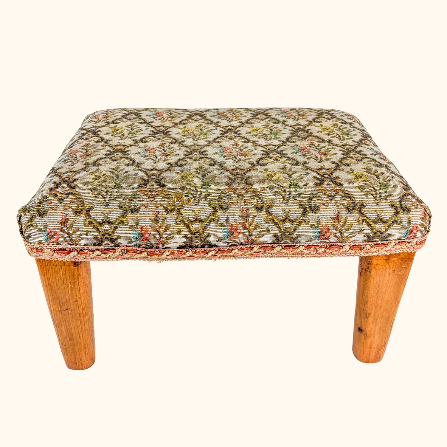 Damask Upholstered Footstool Teak Wood Legs Sunshine Thrift