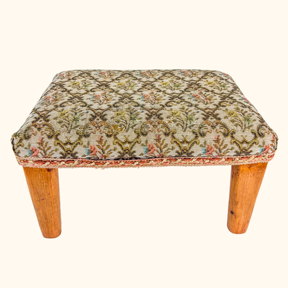 Damask Upholstered Footstool Teak Wood Legs Sunshine Thrift