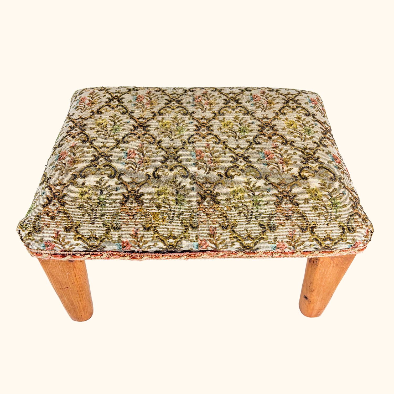 Damask Upholstered Footstool Teak Wood Legs Sunshine Thrift