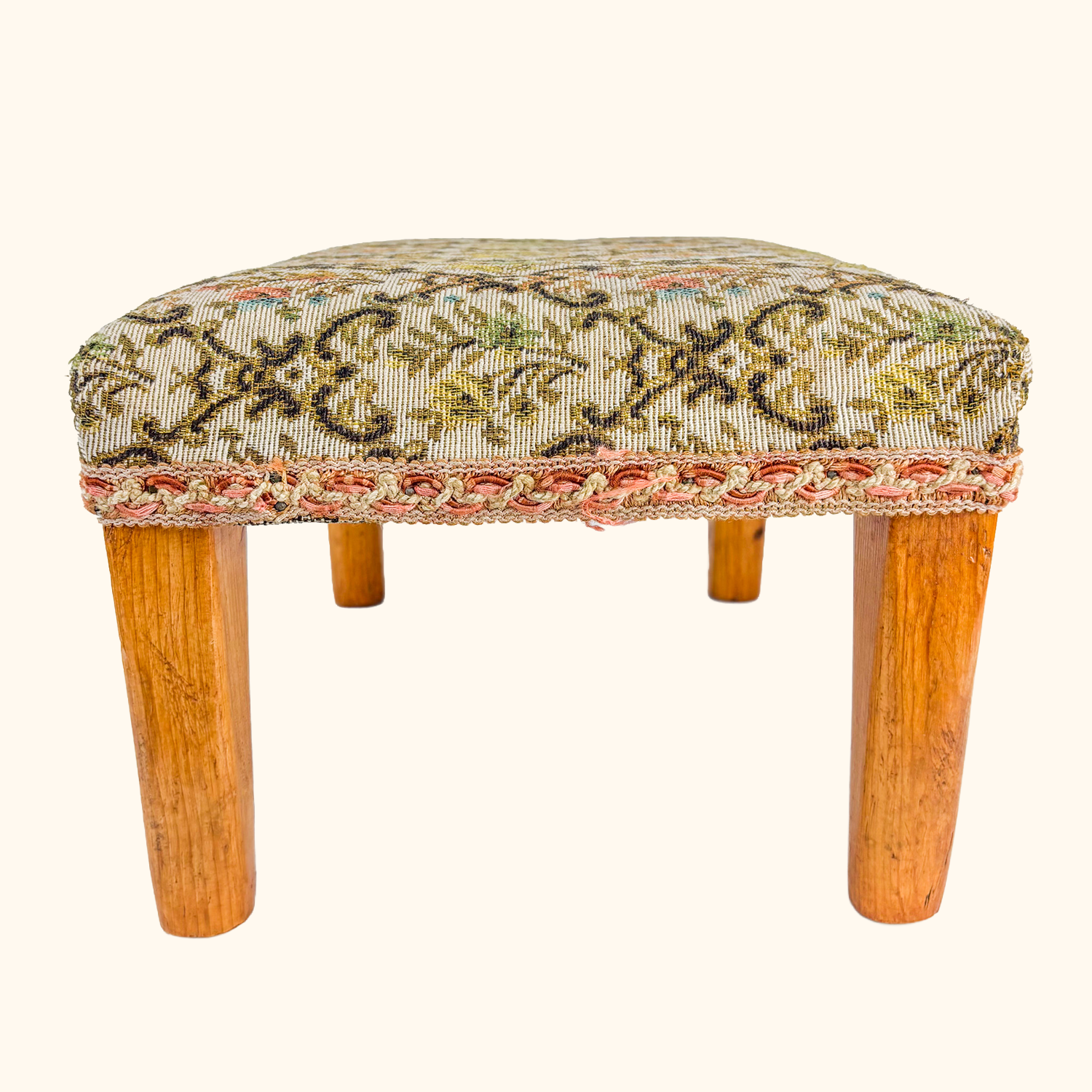 Damask Upholstered Footstool Teak Wood Legs Sunshine Thrift