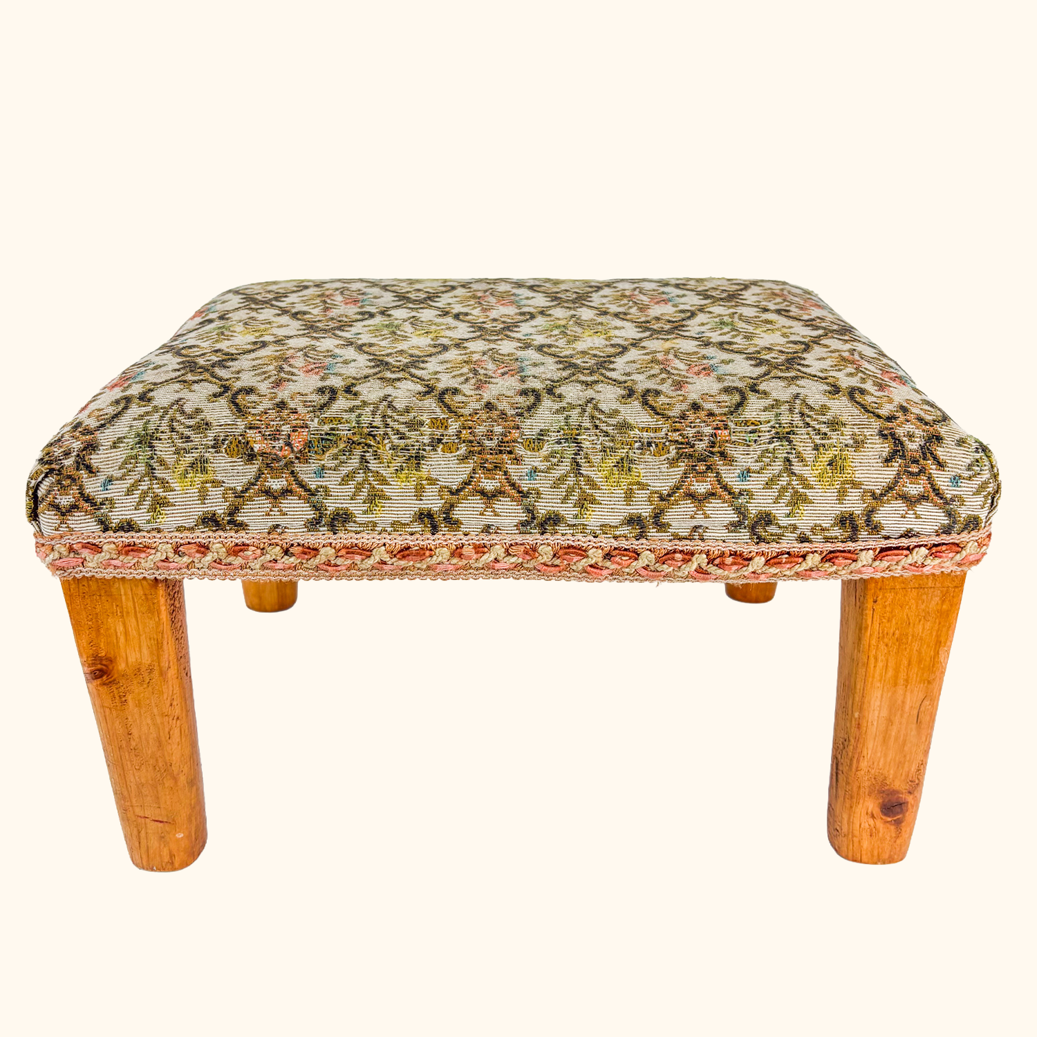 Damask Upholstered Footstool Teak Wood Legs Sunshine Thrift