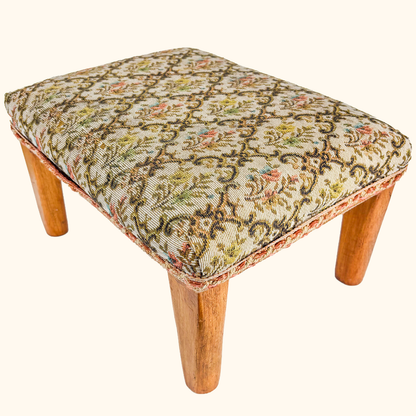 Damask Upholstered Footstool Teak Wood Legs Sunshine Thrift