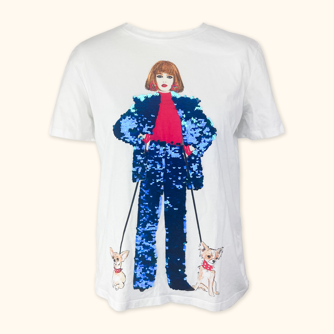 Zara Sequin Dog Graphic T-Shirt - Size Small