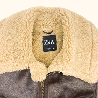 Zara Brown Borg Aviator Biker Jacket - Size Small