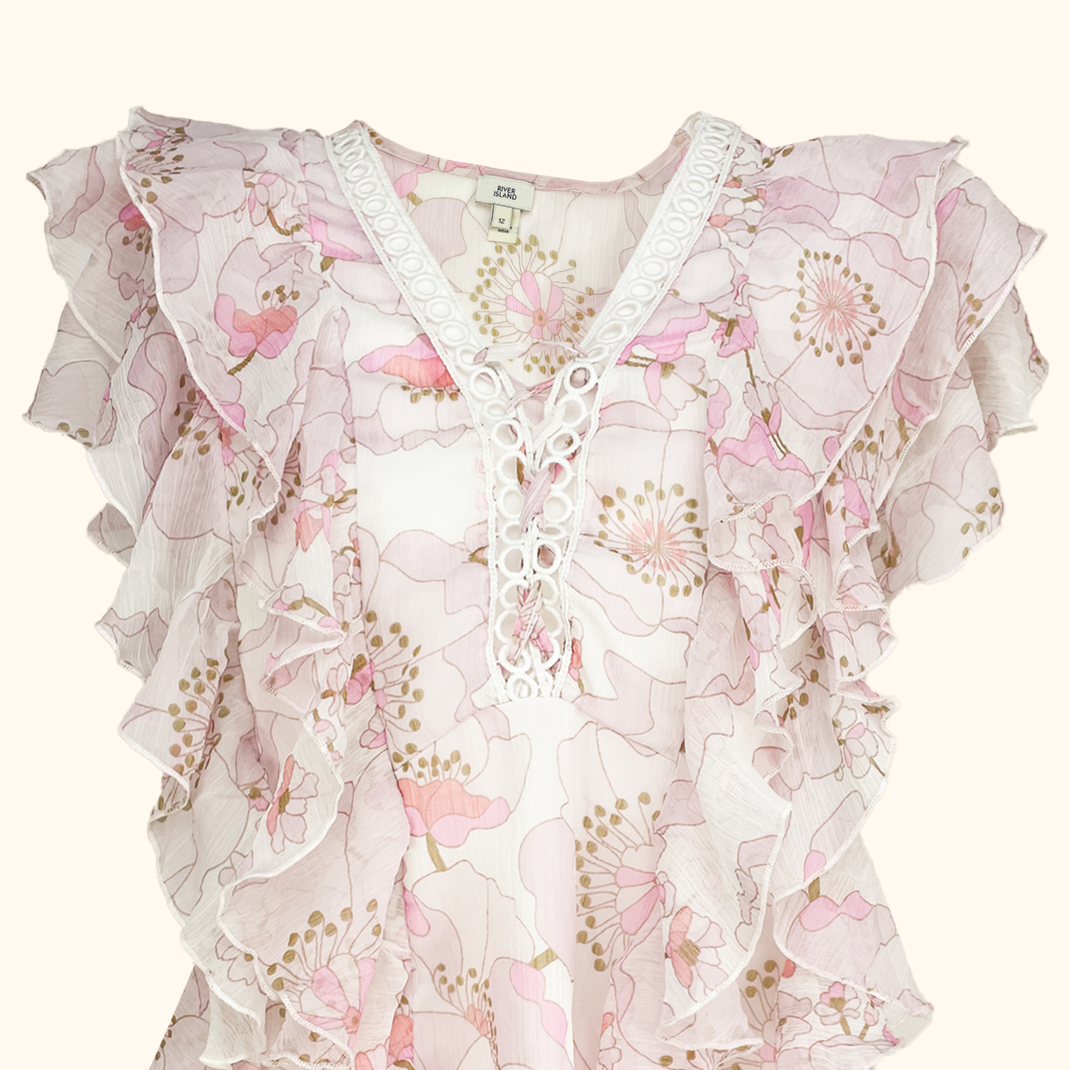 River Island Pink Ruffle Blouse - Size 12