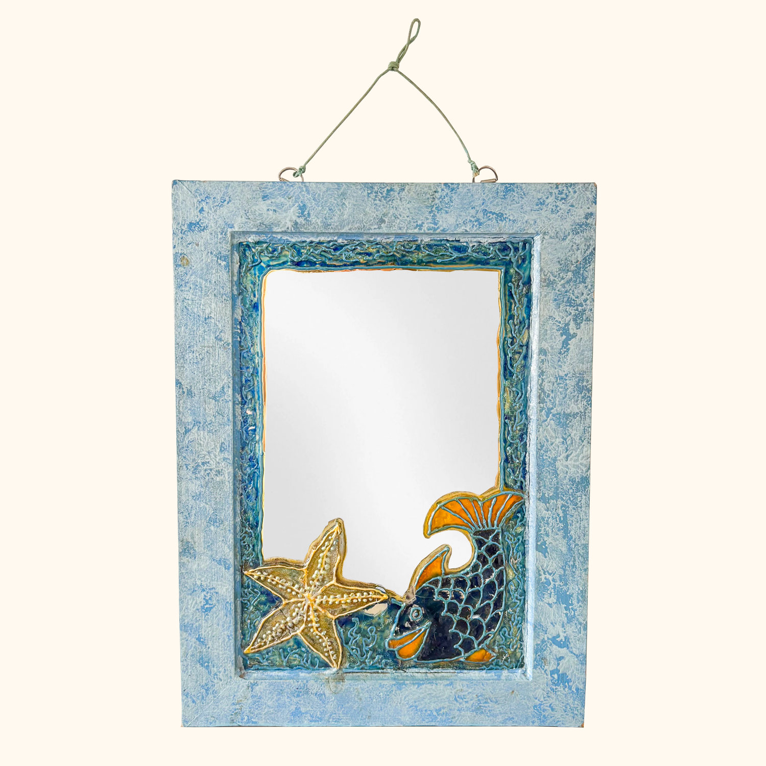 Stained Glass Wood Mirror Blue Fish Starfish Sunshine Thrift