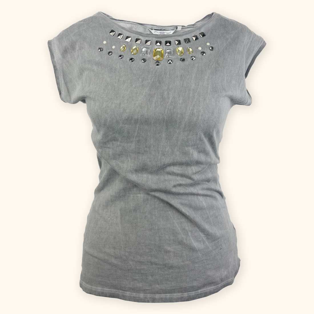 New Look Grey Y2K Jewel Bead Short Sleeve Top - Size 8
