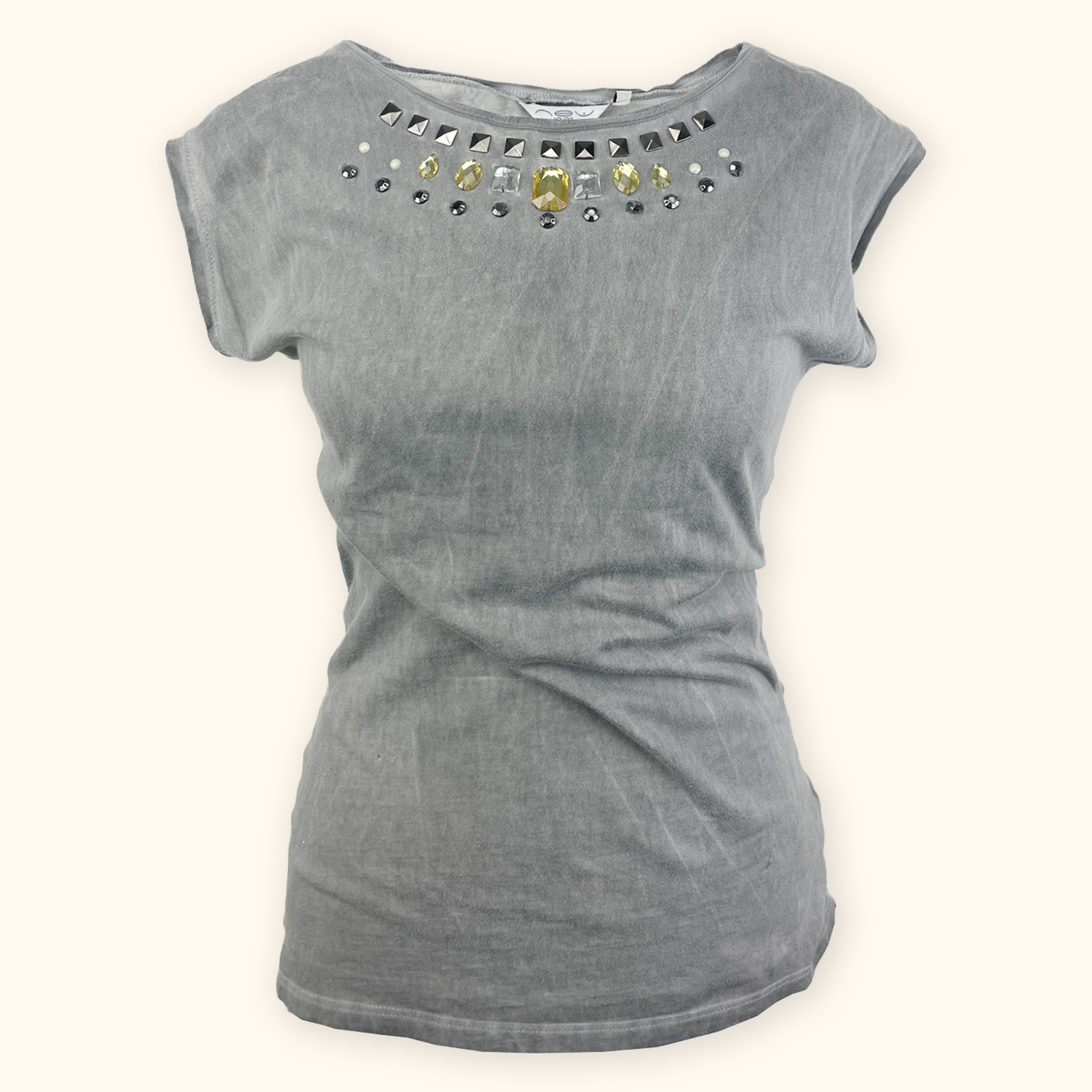 New Look Grey Y2K Jewel Bead Short Sleeve Top - Size 8