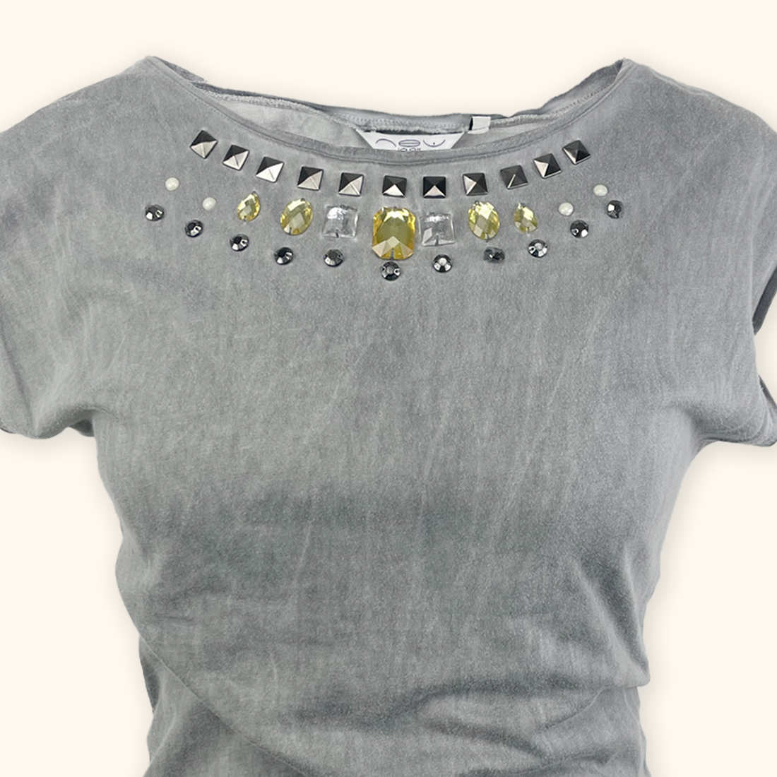 New Look Grey Y2K Jewel Bead Short Sleeve Top - Size 8