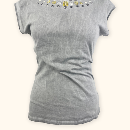 New Look Grey Y2K Jewel Bead Short Sleeve Top - Size 8