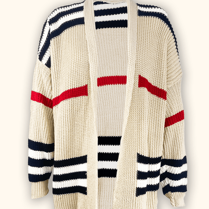 Striped Longline Chunky Knit Cardigan - Size 18
