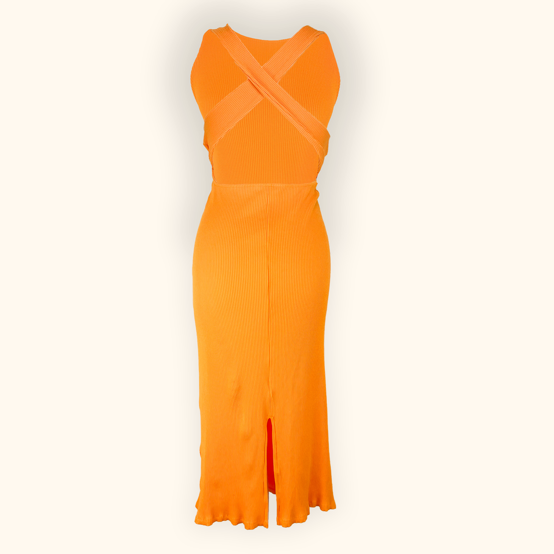 H&amp;M Orange Fitted Ribbed Sleeveless Midi Dress - Size Large H&amp;M