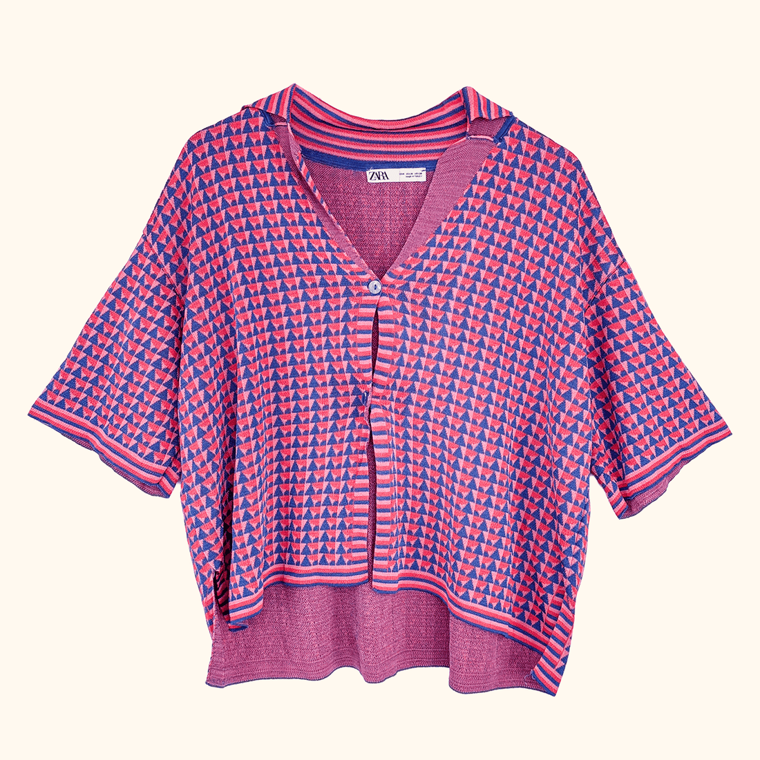 Zara Pink Geometric Short Sleeve Cardigan - Size Medium