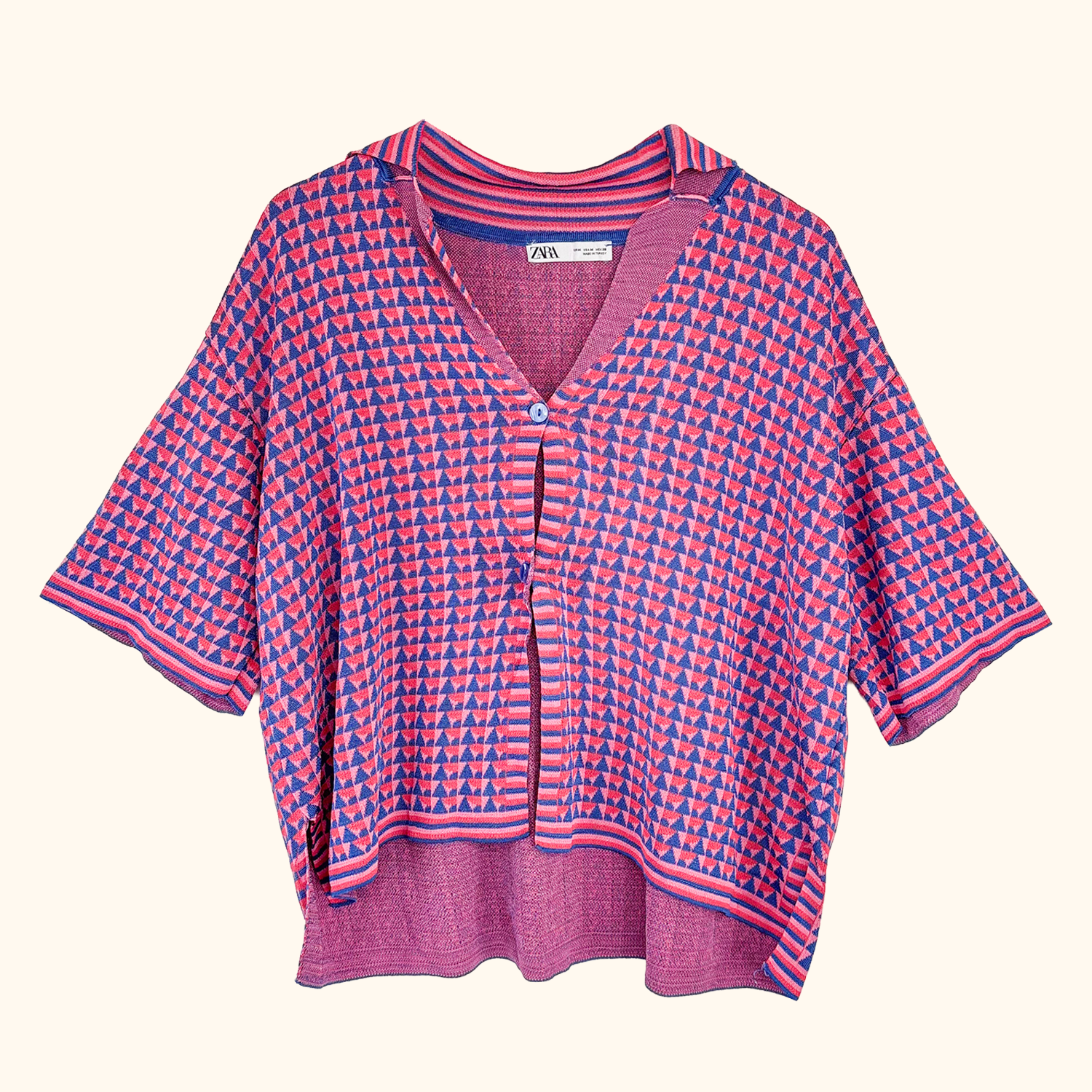Zara Pink Geometric Short Sleeve Cardigan - Size Medium
