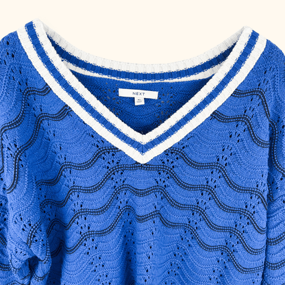 Next Blue Cable Knit V-Neck Jumper - Size XL Next