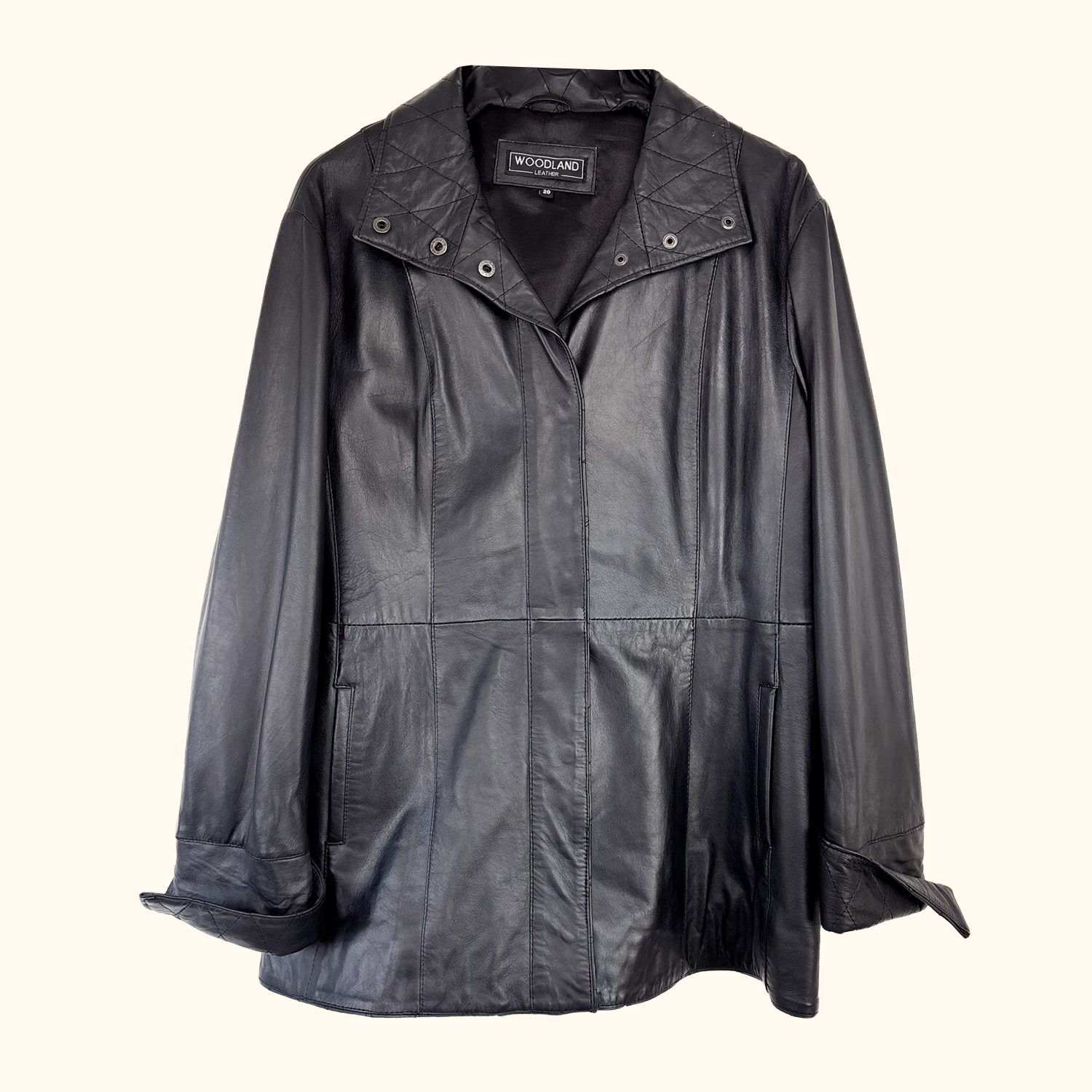 Woodland Leather Black Quilted Jacket - Size 20