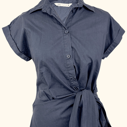 Zara Navy Cotton Short Sleeve Wrap Shirt - Size Medium Zara
