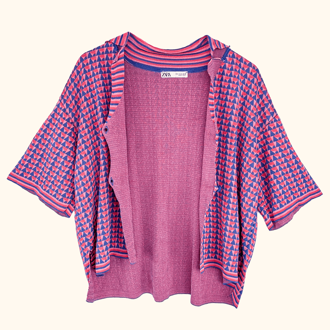 Zara Pink Geometric Short Sleeve Cardigan - Size Medium