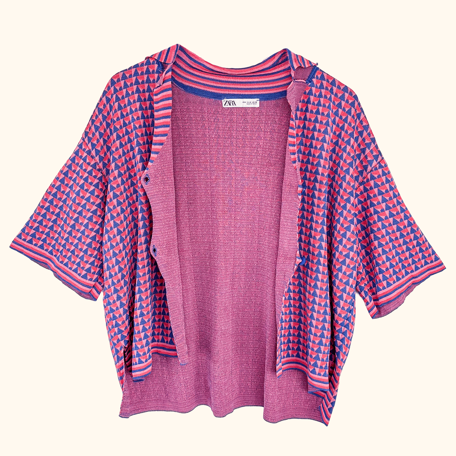 Zara Pink Geometric Short Sleeve Cardigan - Size Medium