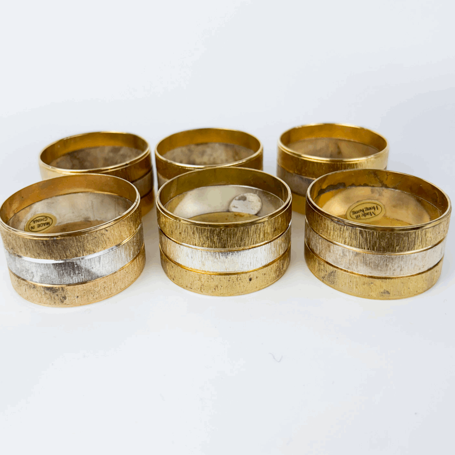 Mid Century Hong Kong Gold and Silver Napkin Rings Set of 6 Boxed Sunshine Thrift