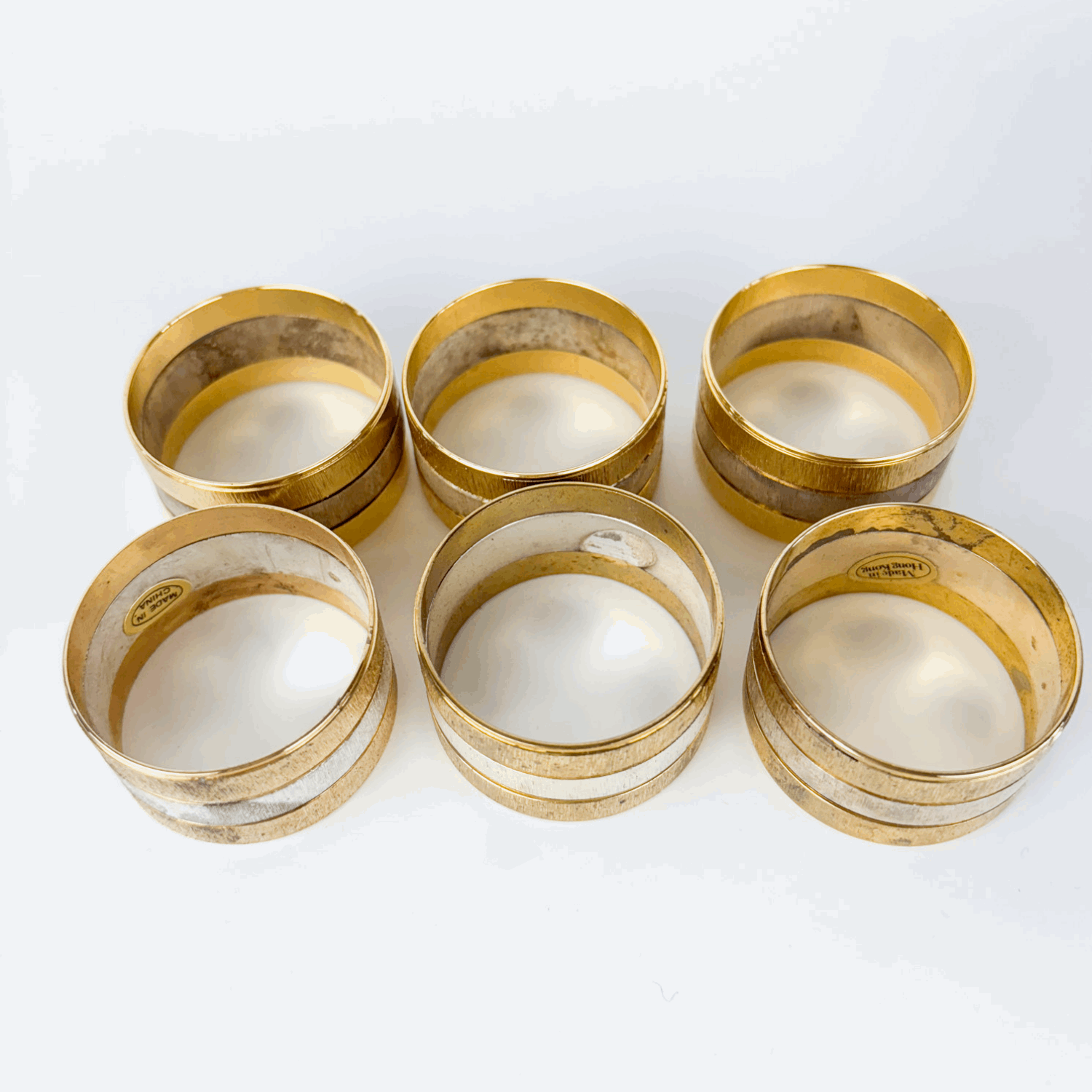 Mid Century Hong Kong Gold and Silver Napkin Rings Set of 6 Boxed Sunshine Thrift
