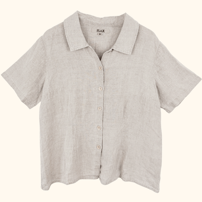 Flax 100% Linen Beige Short Sleeve Blouse - Size Medium Flax