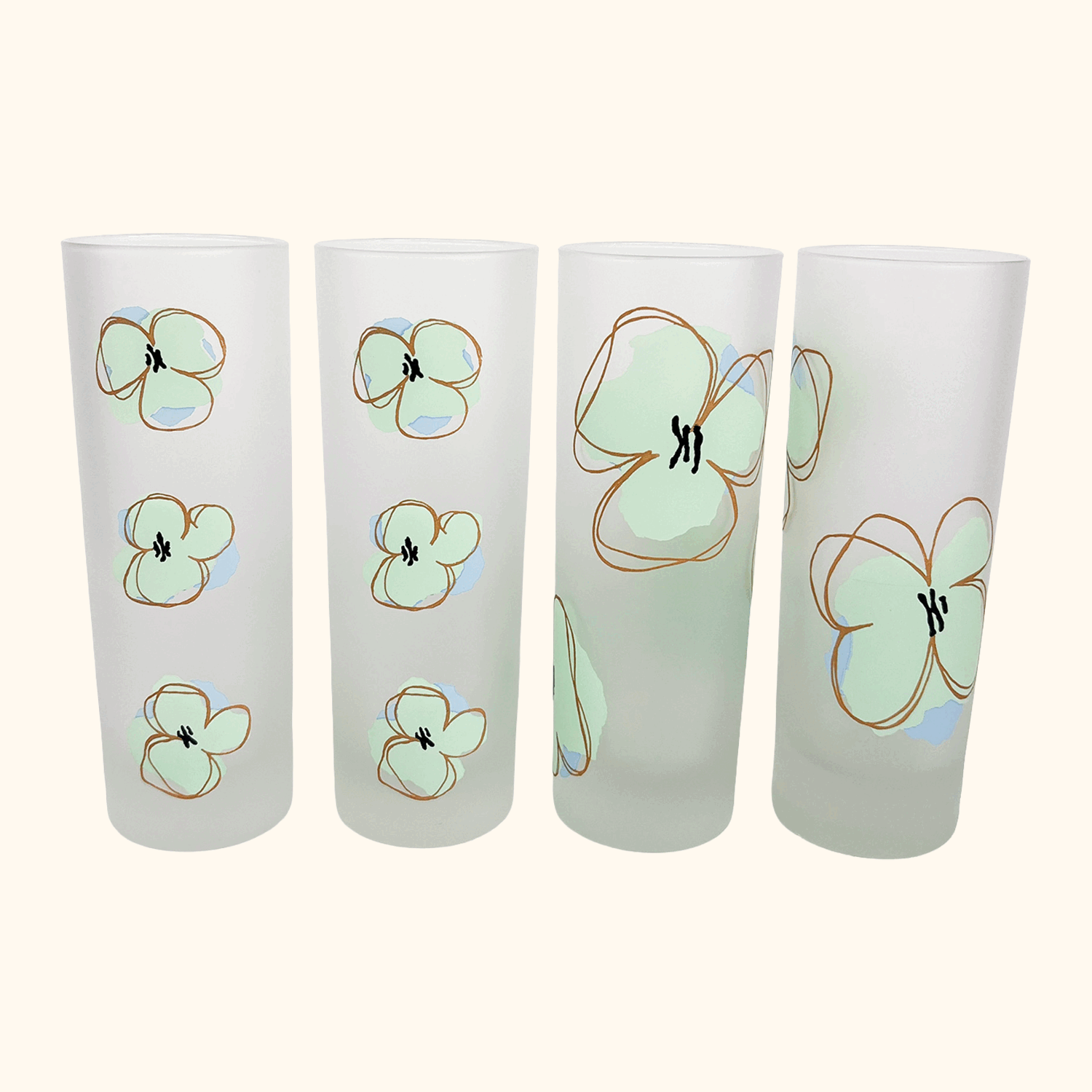 Mid Century Poppy Floral Frosted Highball Glasses - Set of 4