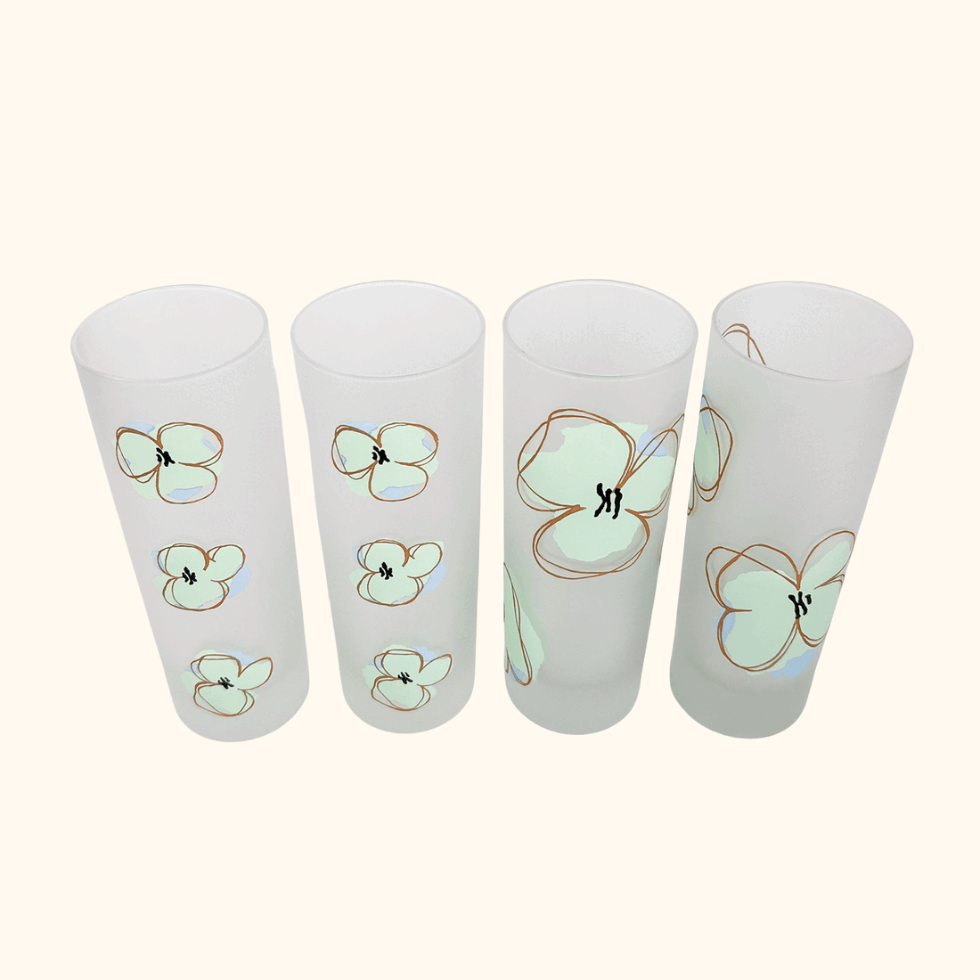 Mid Century Poppy Floral Frosted Highball Glasses - Set of 4