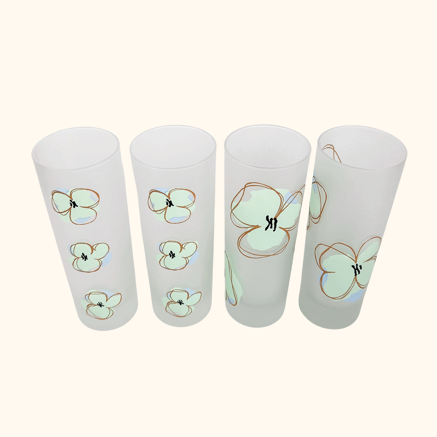 Mid Century Poppy Floral Frosted Highball Glasses - Set of 4
