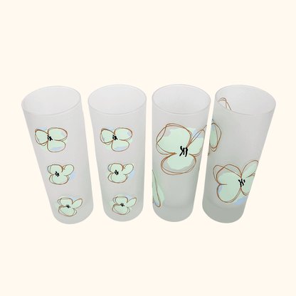 Mid Century Poppy Floral Frosted Highball Glasses - Set of 4