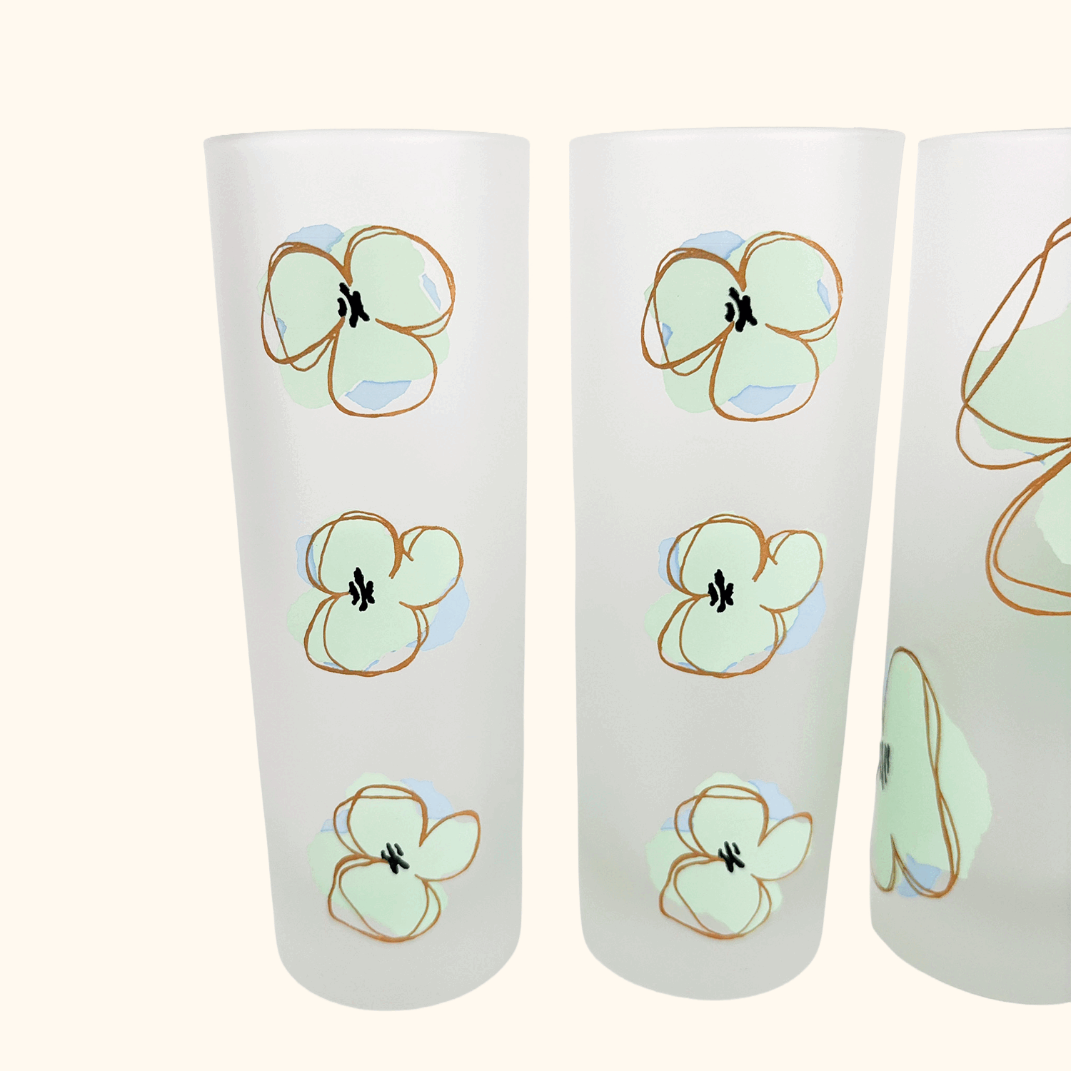 Mid Century Poppy Floral Frosted Highball Glasses - Set of 4