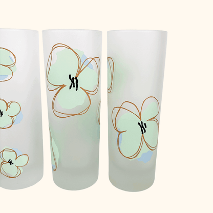 Mid Century Poppy Floral Frosted Highball Glasses - Set of 4