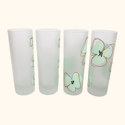 Mid Century Poppy Floral Frosted Highball Glasses - Set of 4