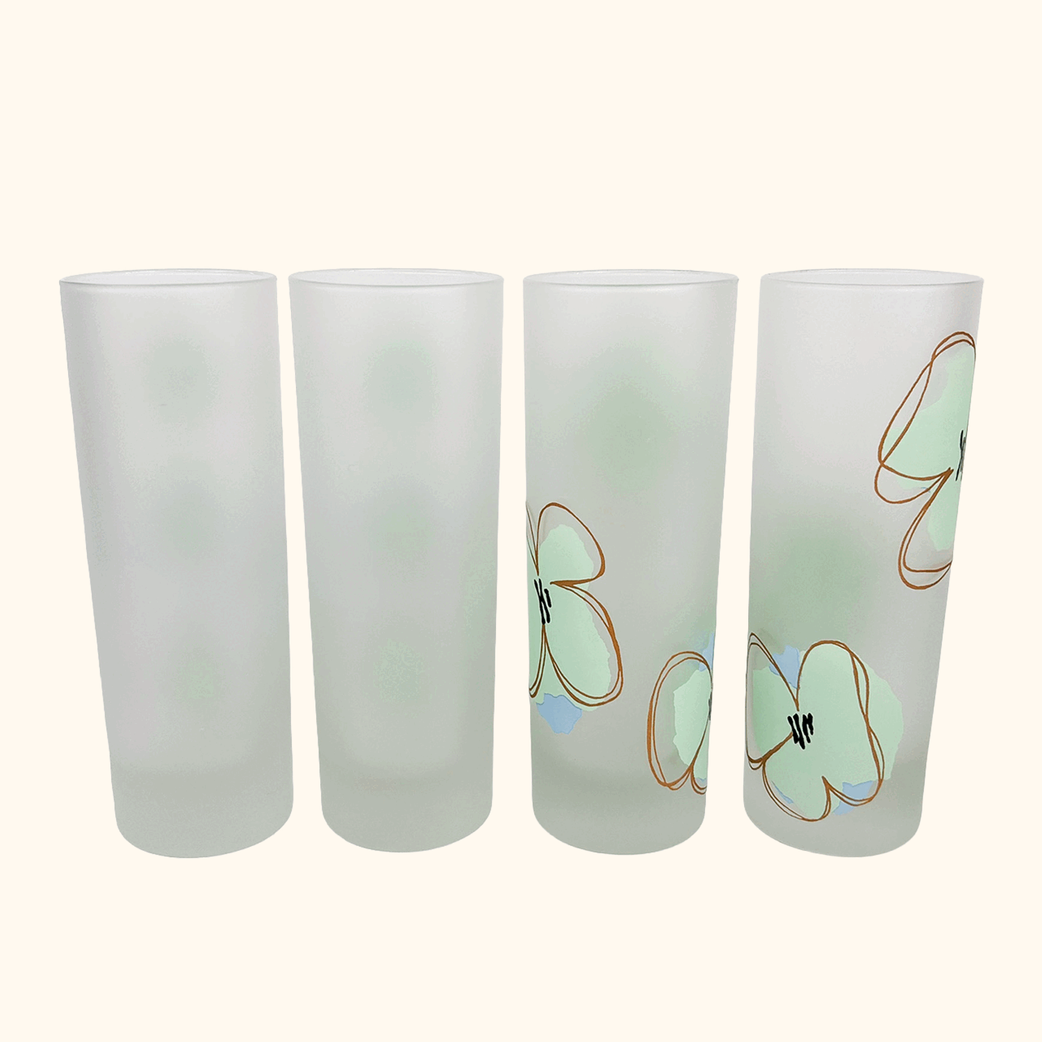 Mid Century Poppy Floral Frosted Highball Glasses - Set of 4
