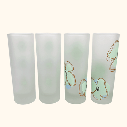 Mid Century Poppy Floral Frosted Highball Glasses - Set of 4