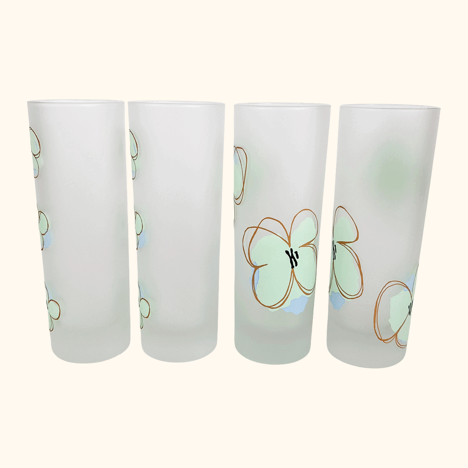 Mid Century Poppy Floral Frosted Highball Glasses - Set of 4