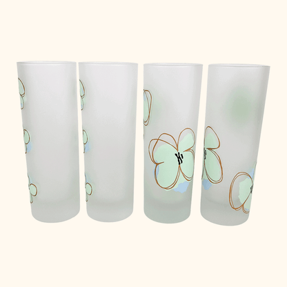 Mid Century Poppy Floral Frosted Highball Glasses - Set of 4