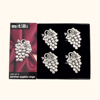 Vintage 1990s Metalla Pewter Grapes Napkin Rings Set of 4