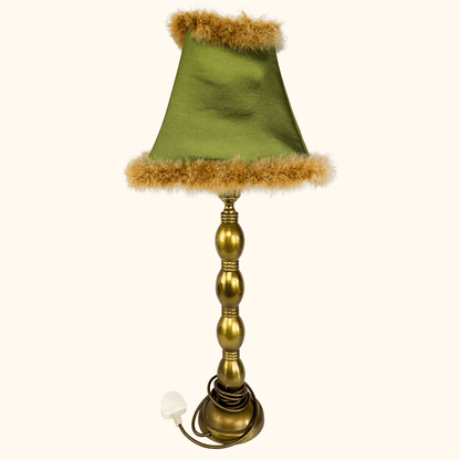 Tall Brass Table Lamp with Green Silk Feather Shade