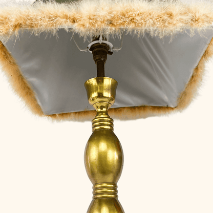 Tall Brass Table Lamp with Green Silk Feather Shade